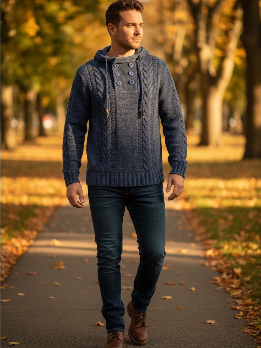 Men's Navy Cable Knit Button-Detail Hooded Sweater obo